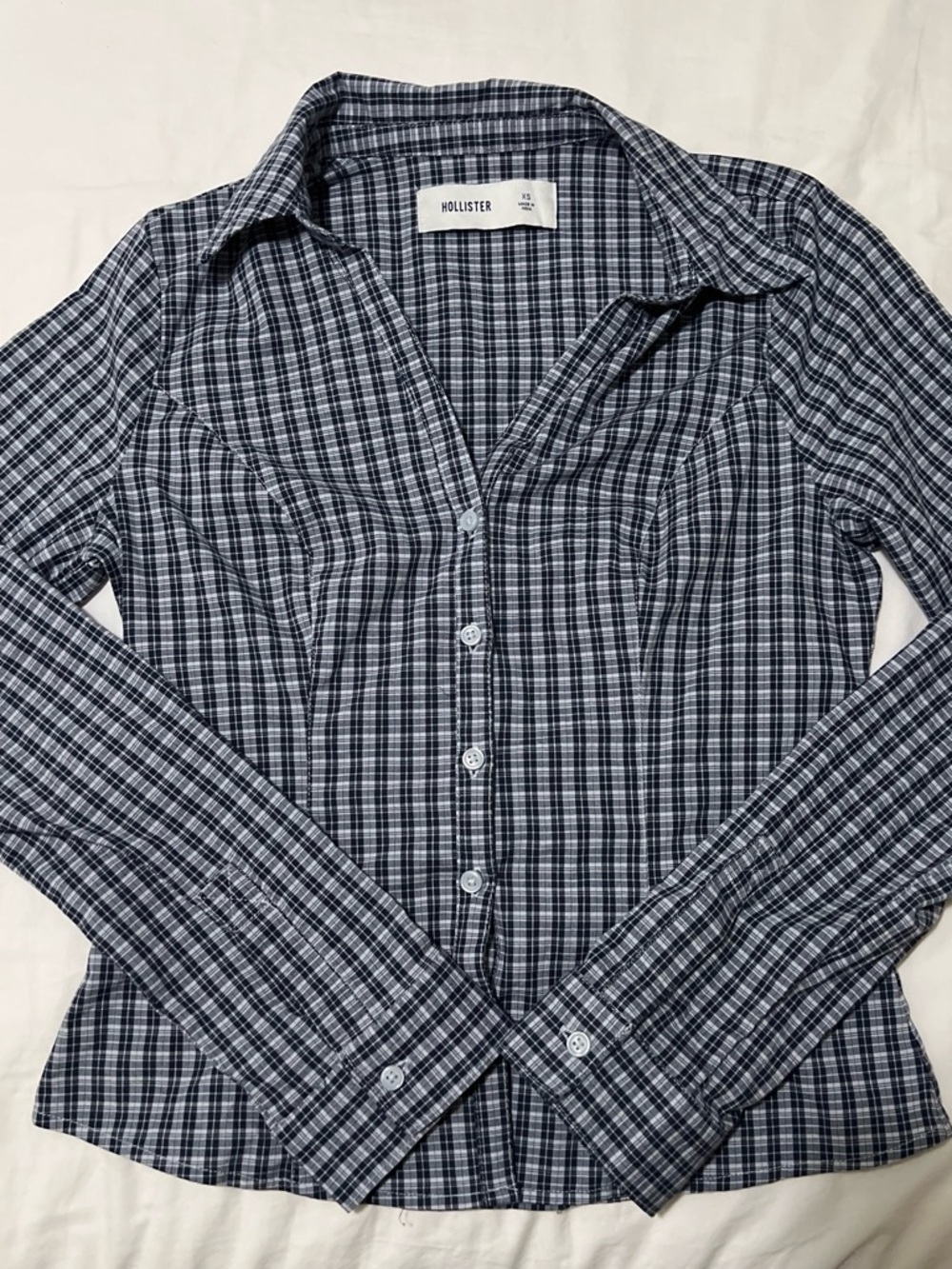 Hollister Navy and White Plaid Button-Down Women's Shirt